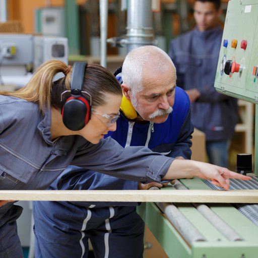 Zwei Männer und eine Frau stehen in einer Werkstatt an einer Maschine. Die Frau schiebt eine Holzlatte in die Maschine. 