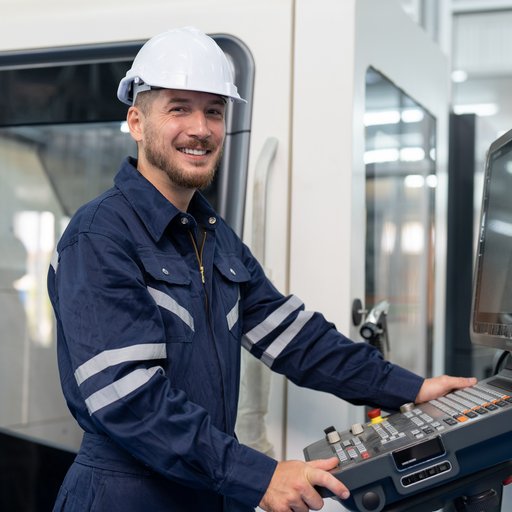 Ein Techniker steht an einem Bedienfeld für eine technische Anlage und lächelt in die Kamera. 